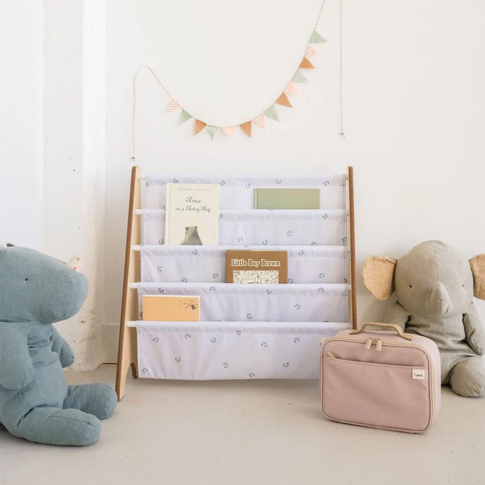 Librero de tela reciclada con diseño de arándanos lila