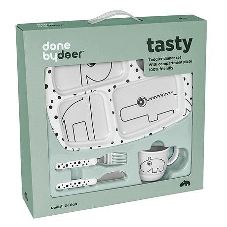 Set vajilla 2 piezas + Set de cubiertos Happy Dots gris