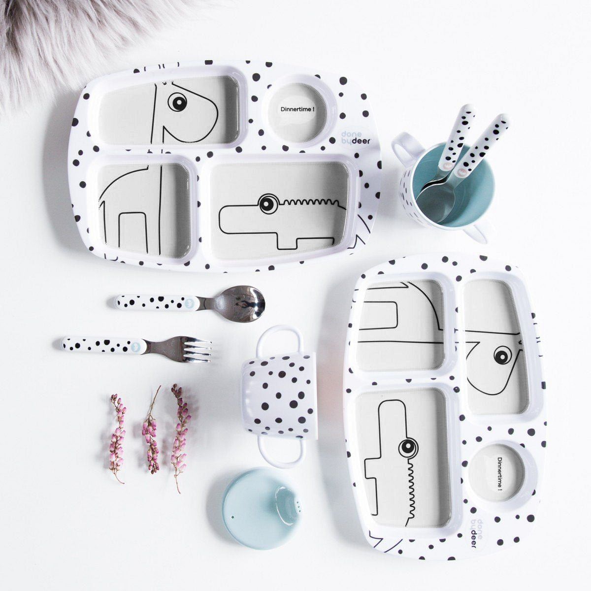 Set vajilla 2 piezas + Set de cubiertos Happy Dots gris