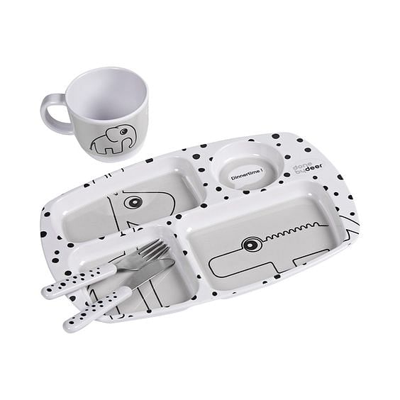 Set vajilla 2 piezas + Set de cubiertos Happy Dots gris
