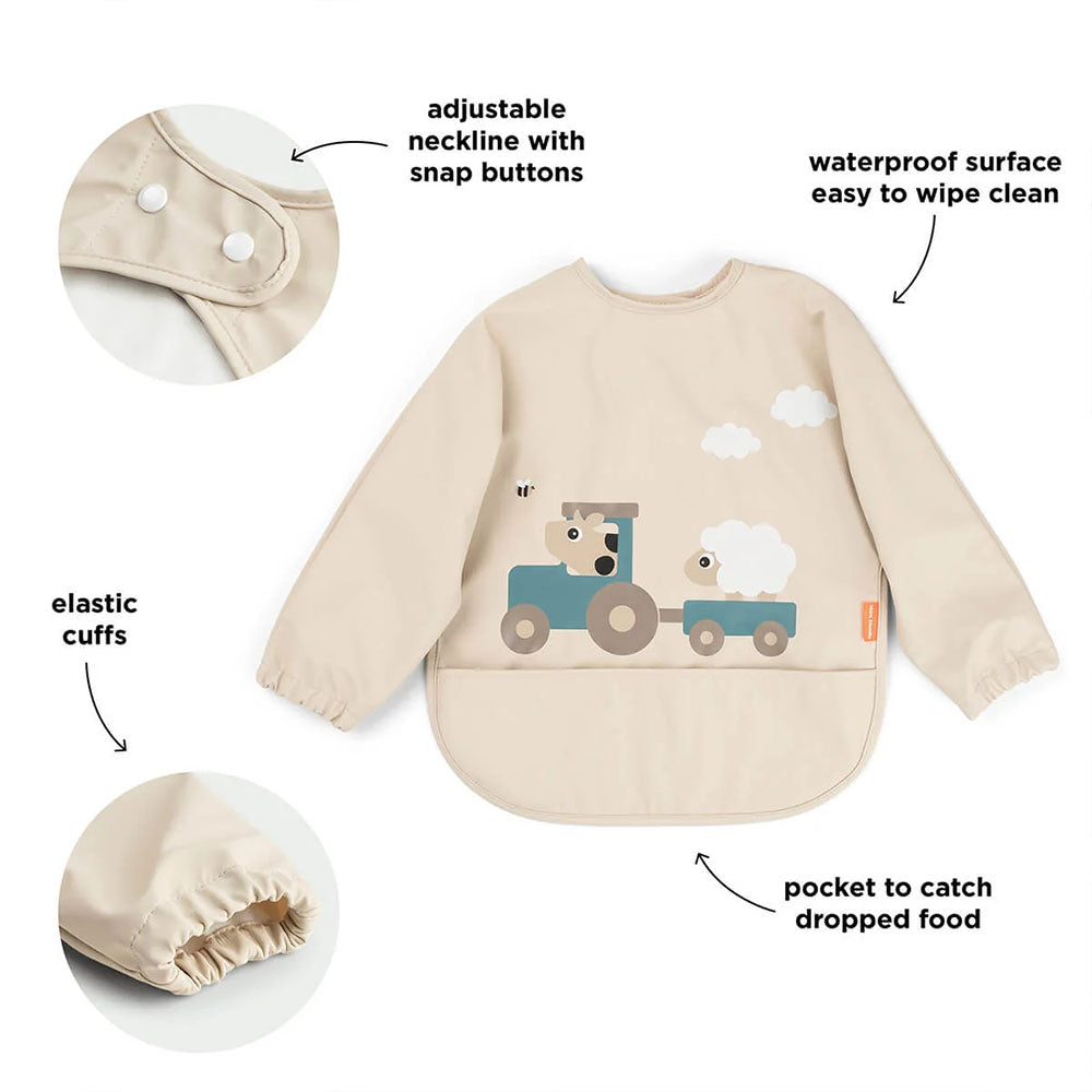 Babero grande con mangas y bolsillo Tiny Farm arena 6-18 meses