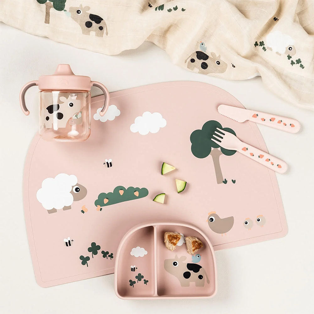 Vaso con boquilla de aprendizaje de 2 asas Tiny Farm rosa