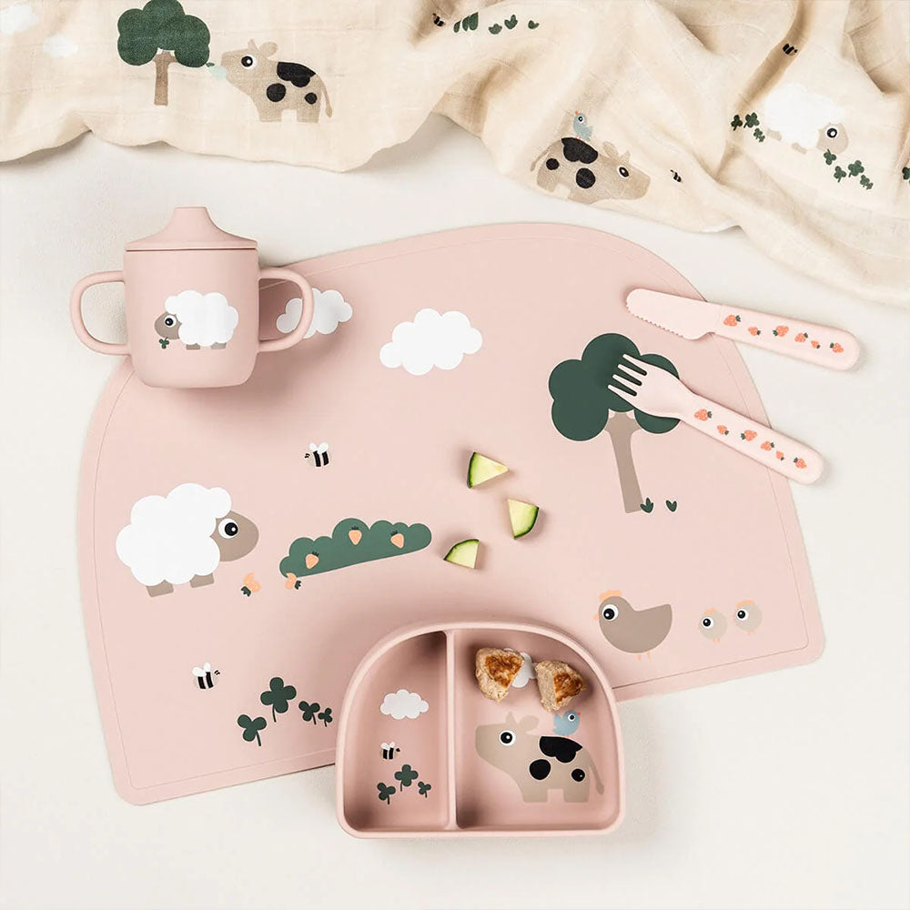 Vaso con boquilla de silicona de 2 asas Tiny Farm rosa