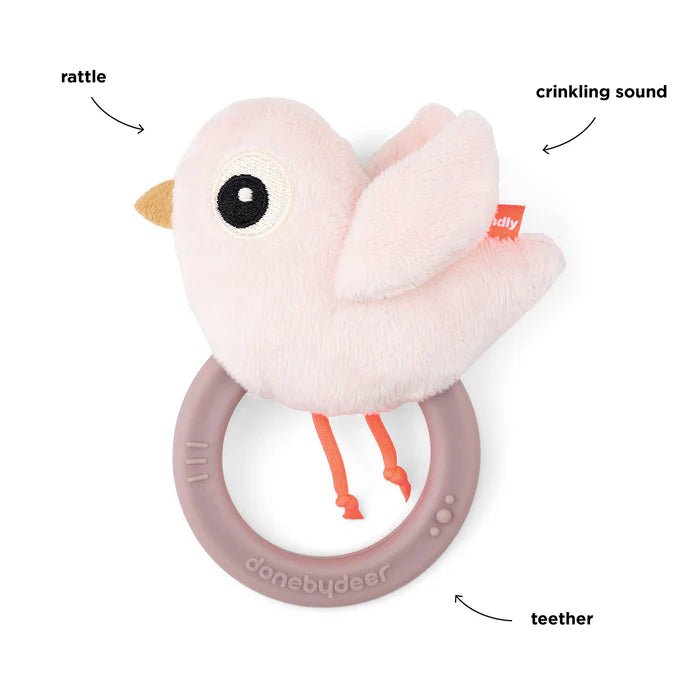Sonajero sensorial con mordedor Birdee rosa